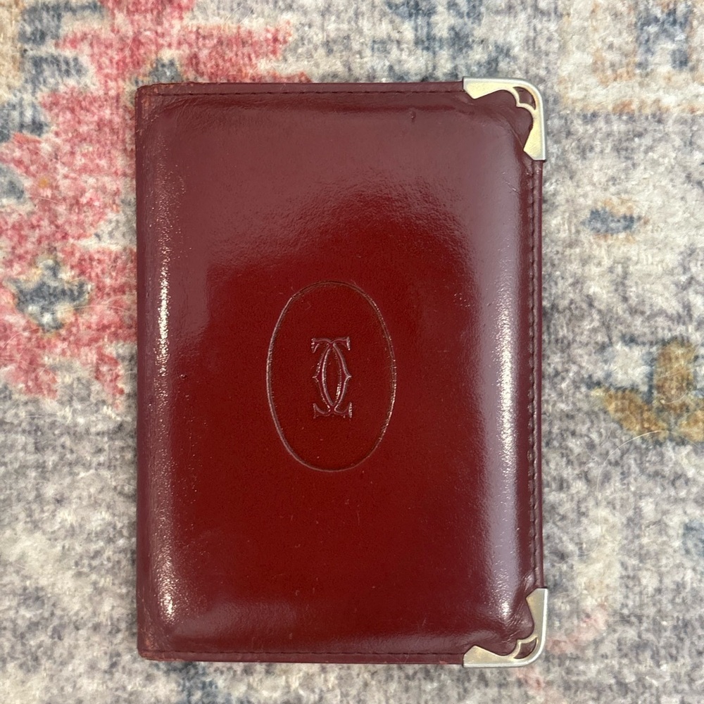 Cartier Deep Burgundy Leather Card Case with Gold Corners
